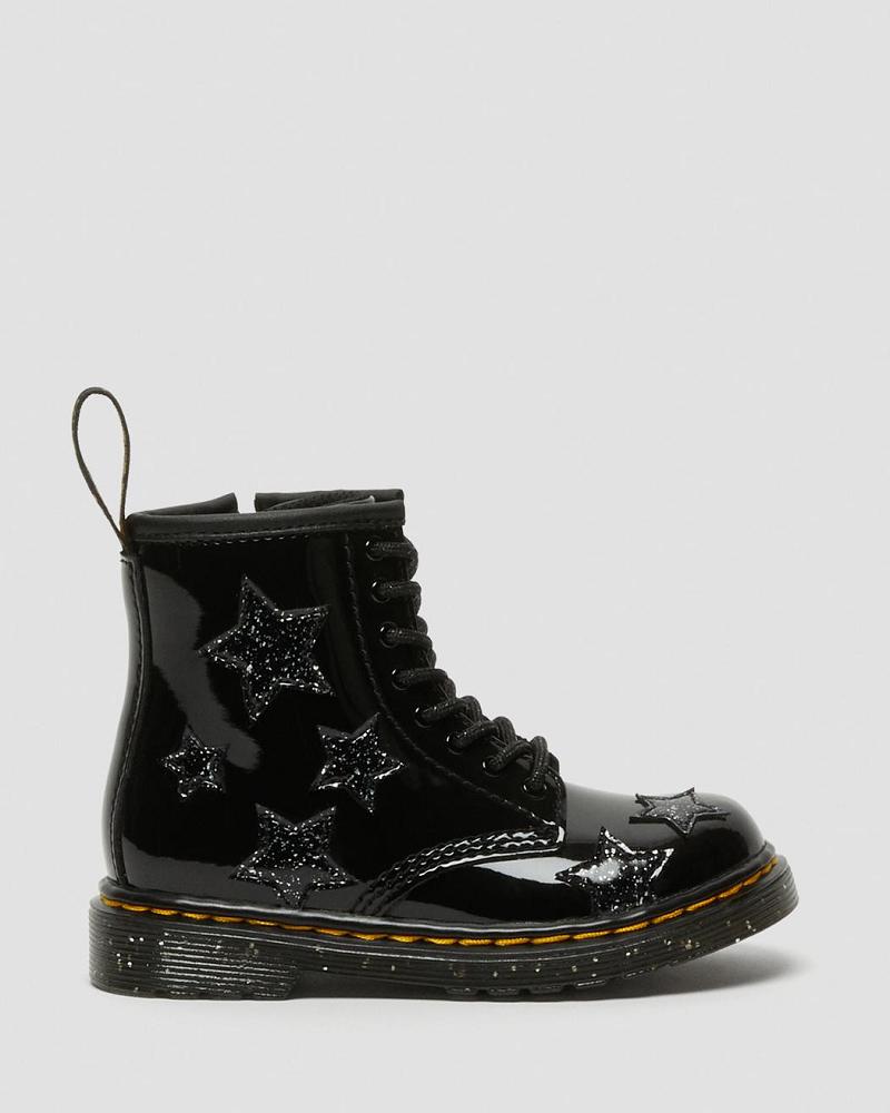 Dr Martens Toddler 1460 Glitter Star Lak Snørestøvler Børn Sort | DK 694XYU